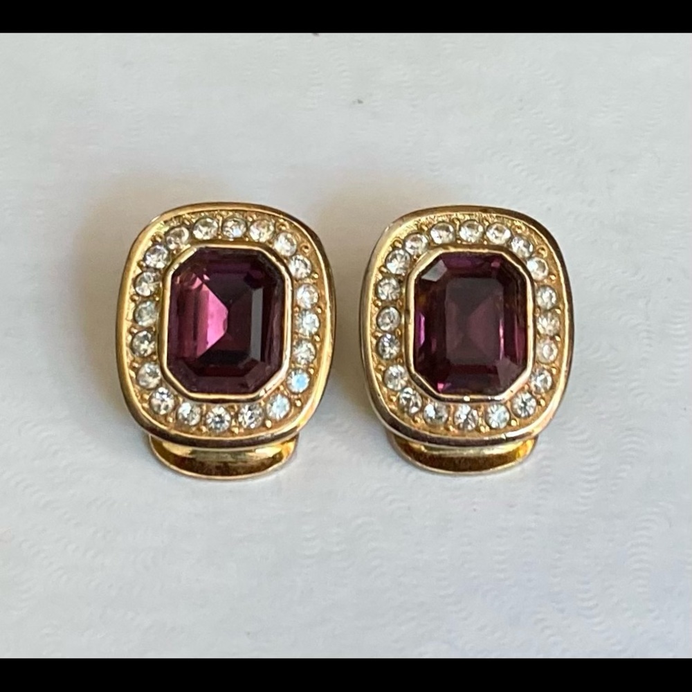 CHRISTIAN DIOR Vintage, Signed Purple, Gold Tone & Crystal Clip-On Earrings
